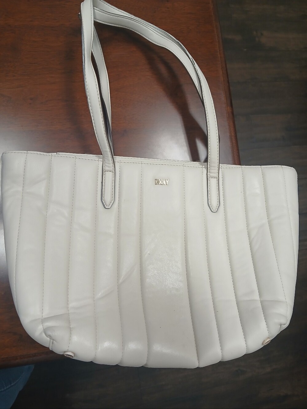 DKNY Cream Quilted Vertical-Panel Tote with Gold Logo